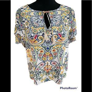 Rafaella colorful print blouse with double flutter sleeves,  keyhole tassel tie